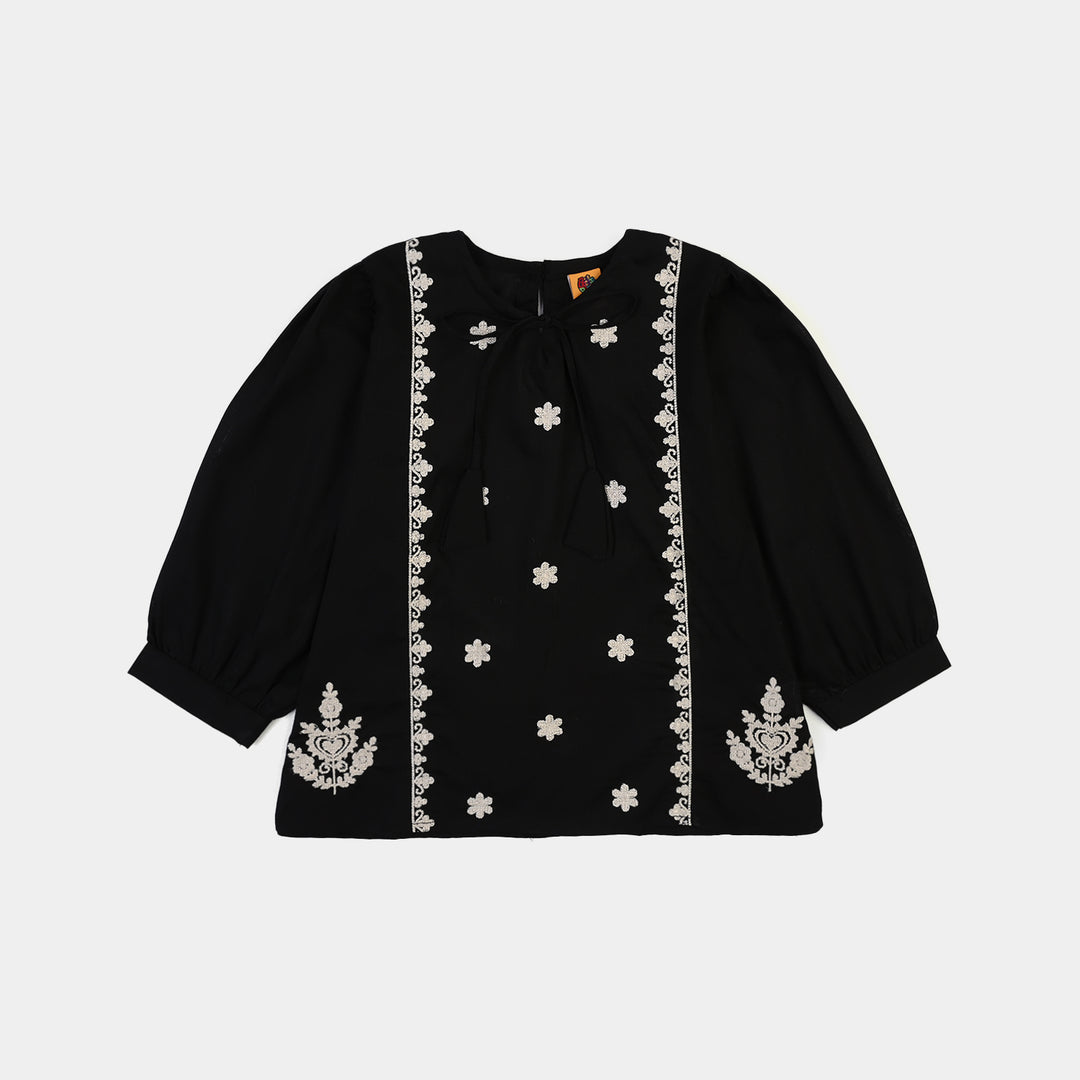 Girls Cotton Emb Top Monochrome-BLACK