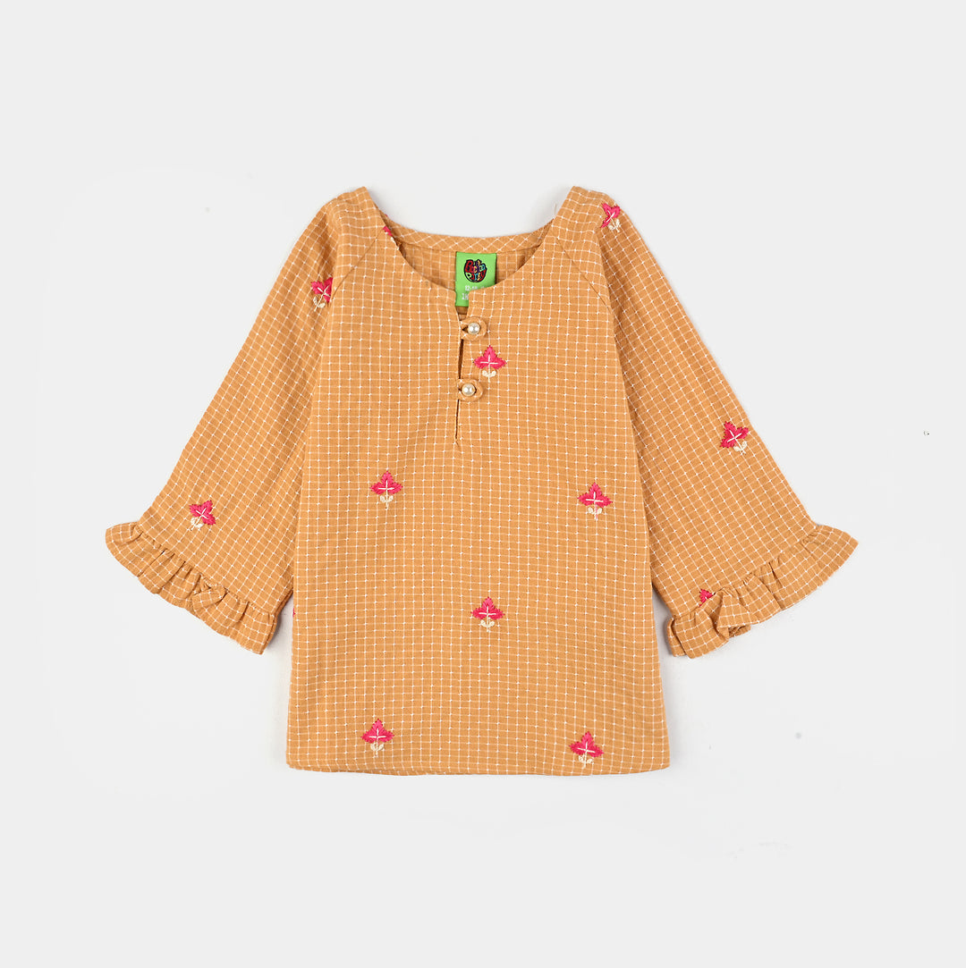 Infant Girls Cotton Embroidered Top - Mustard/Yellow