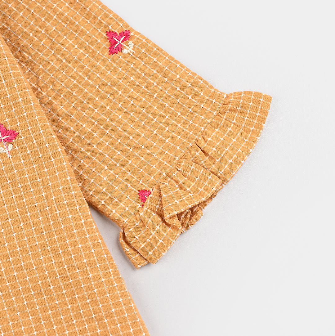 Infant Girls Cotton Embroidered Top - Mustard/Yellow