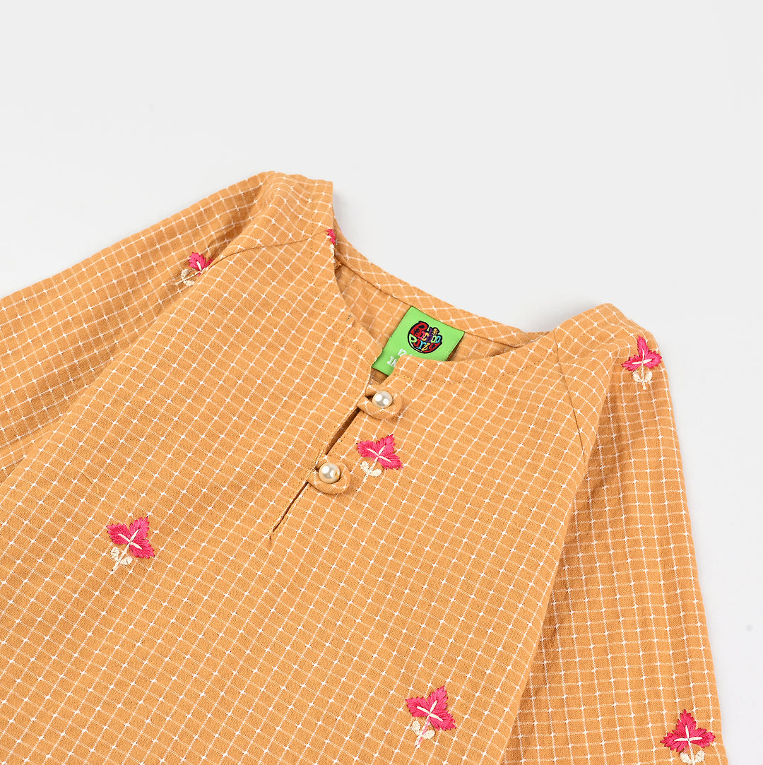 Infant Girls Cotton Embroidered Top - Mustard/Yellow