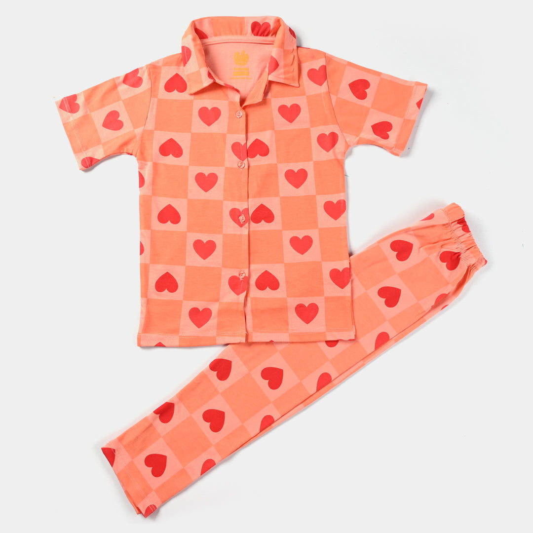 Girls Poly Cotton Jersey NightSuit Hearts- Light Orange