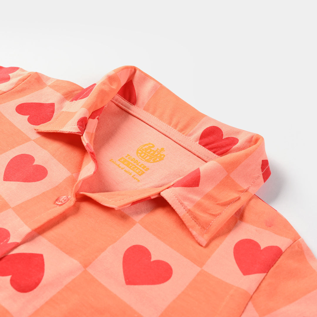 Girls Poly Cotton Jersey NightSuit Hearts- Light Orange