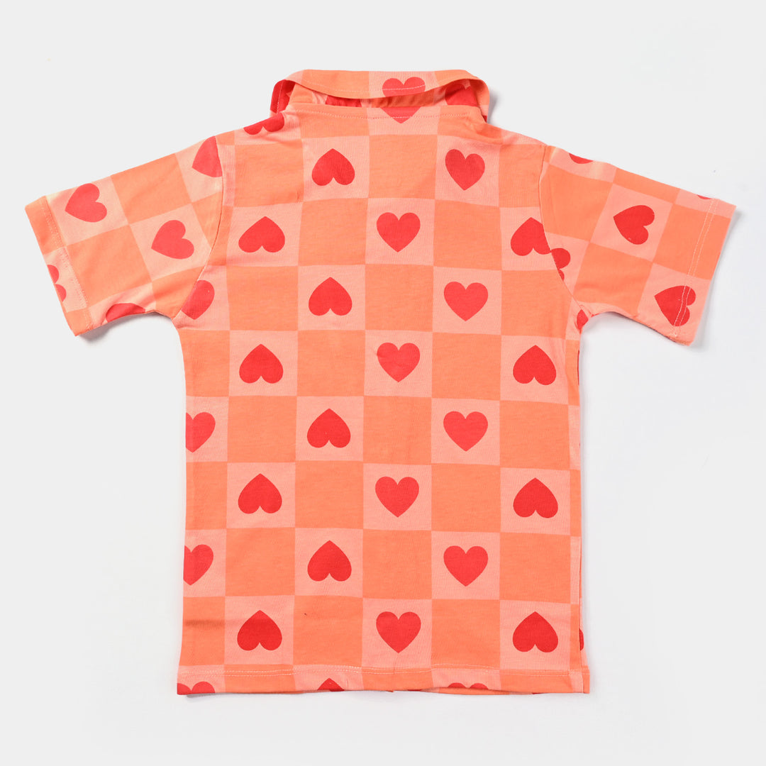 Girls Poly Cotton Jersey NightSuit Hearts- Light Orange