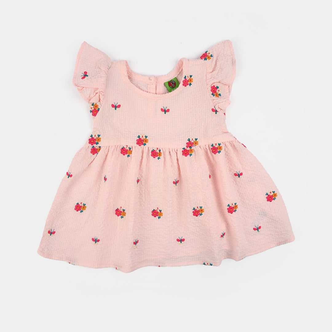 Infant Girls Poly Crinkle Embroidered Top (Butterfly & Flowers) - Baby Pink