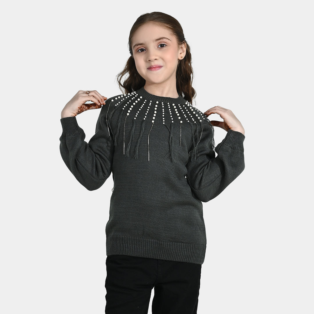 Girls F/S Sweater Pearl Stripes - CHARCOAL