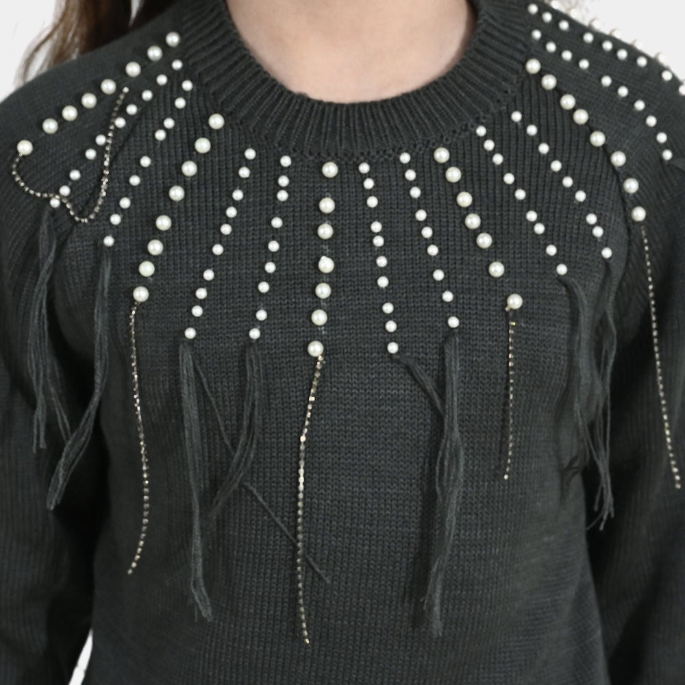Girls F/S Sweater Pearl Stripes - CHARCOAL