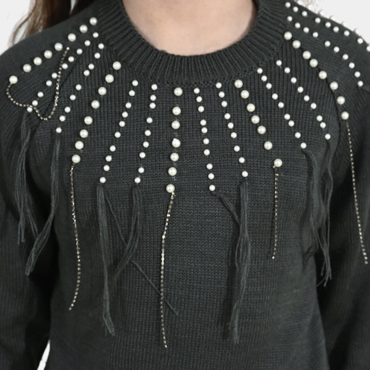 Girls F/S Sweater Pearl Stripes - CHARCOAL