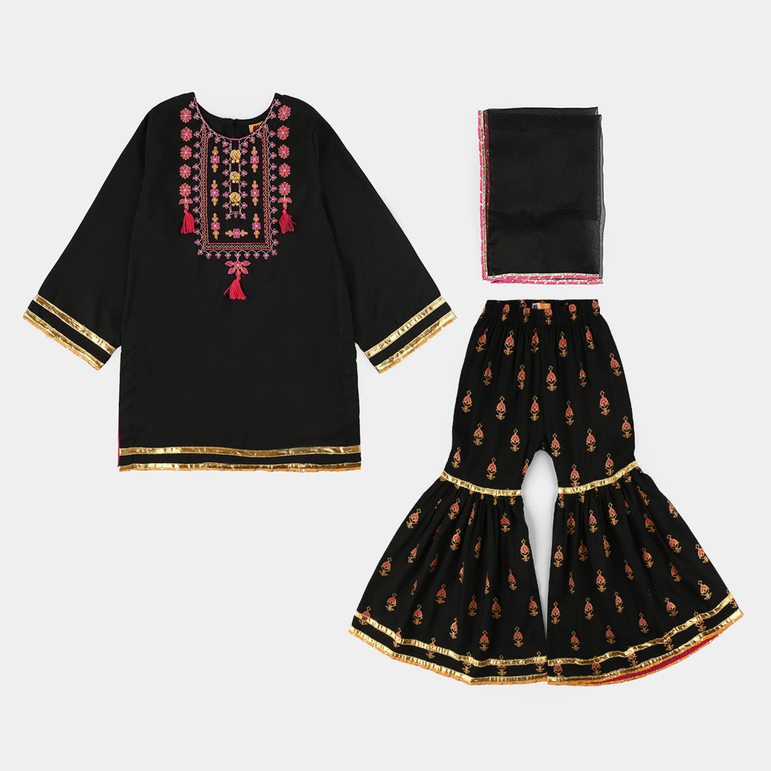 Girls Raw Silk 3-Piece Suit (Rangrez) - Black
