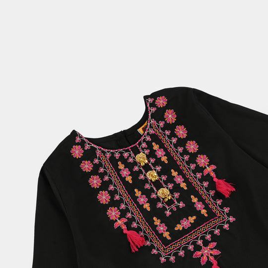 Girls Raw Silk 3-Piece Suit (Rangrez) - Black