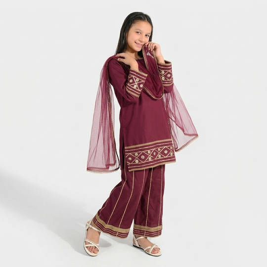 Girls Raw Silk 3-Piece Set (Jahan Ara) - Burgundy
