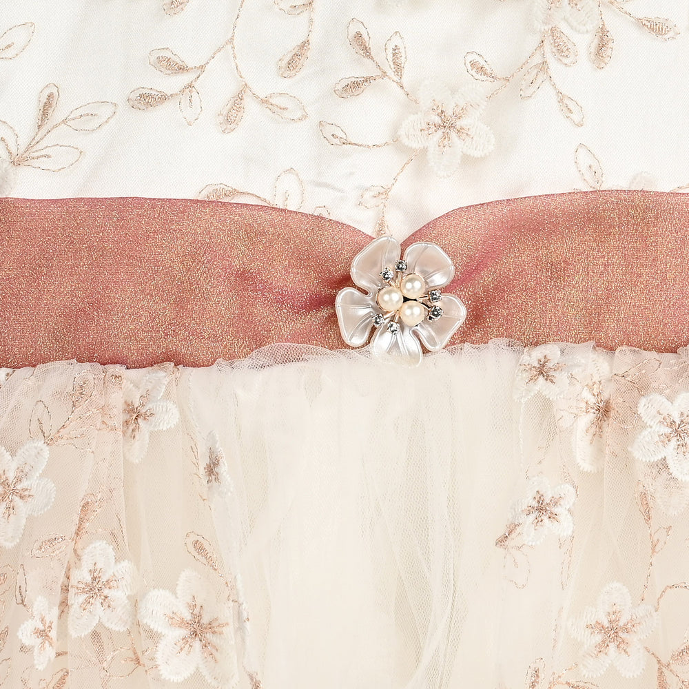 Girls Net Fancy Frock (Flower) - Off White