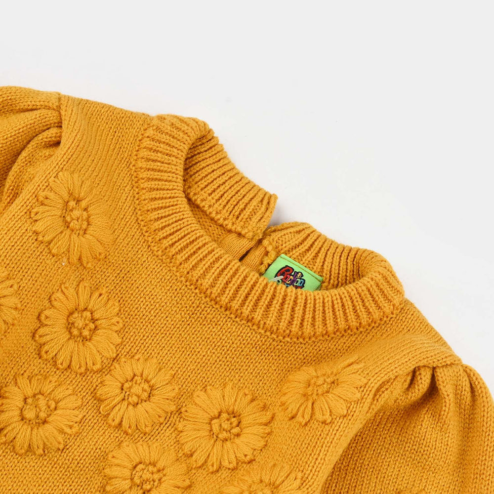 Infant Girls Acrylic Sweater - Flower Bunches - Mustard