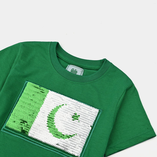 Boys Poly Cotton Jersey T-Shirt H/S SEQUINS FLAG-Joly Green