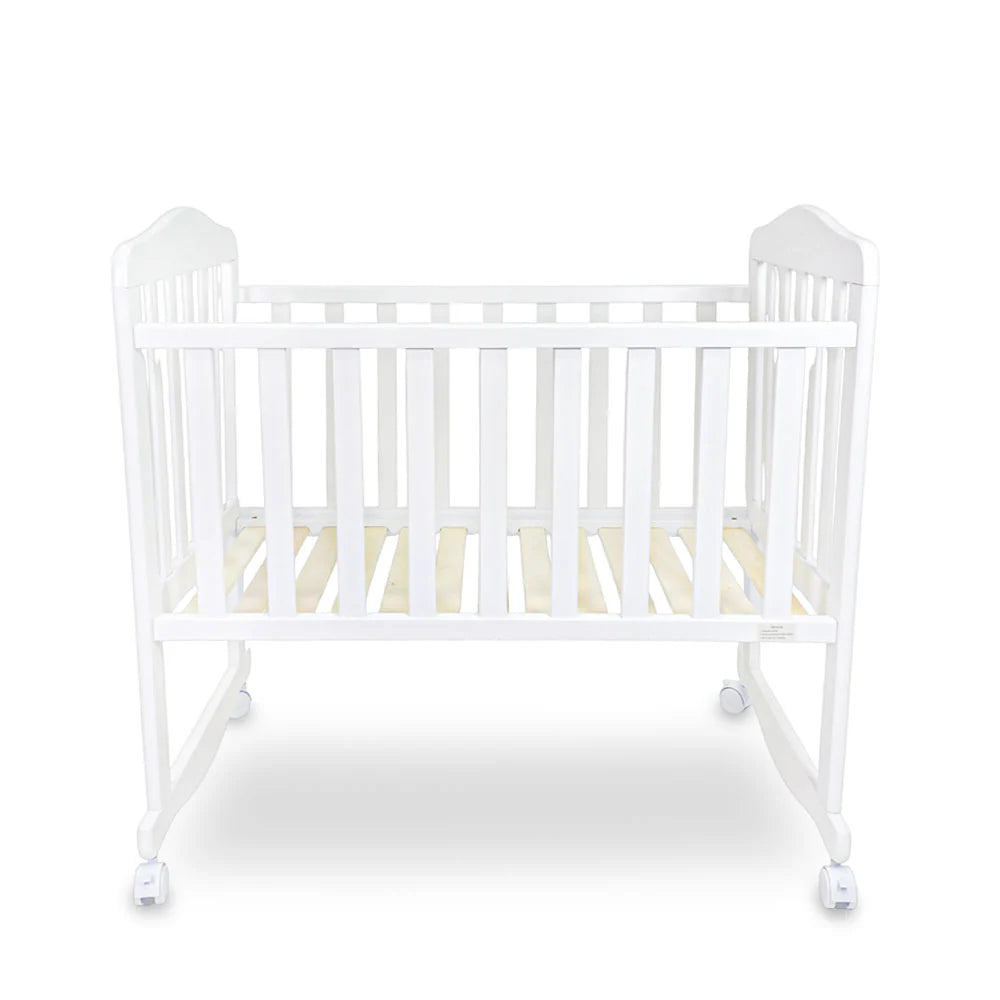 BABY WOODEN CRIB – WHITE FINISH WITH ROCKING & WHEELS