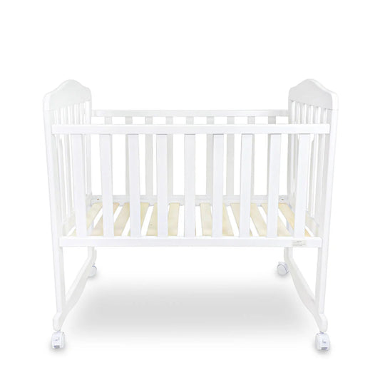 BABY WOODEN CRIB – WHITE FINISH WITH ROCKING & WHEELS