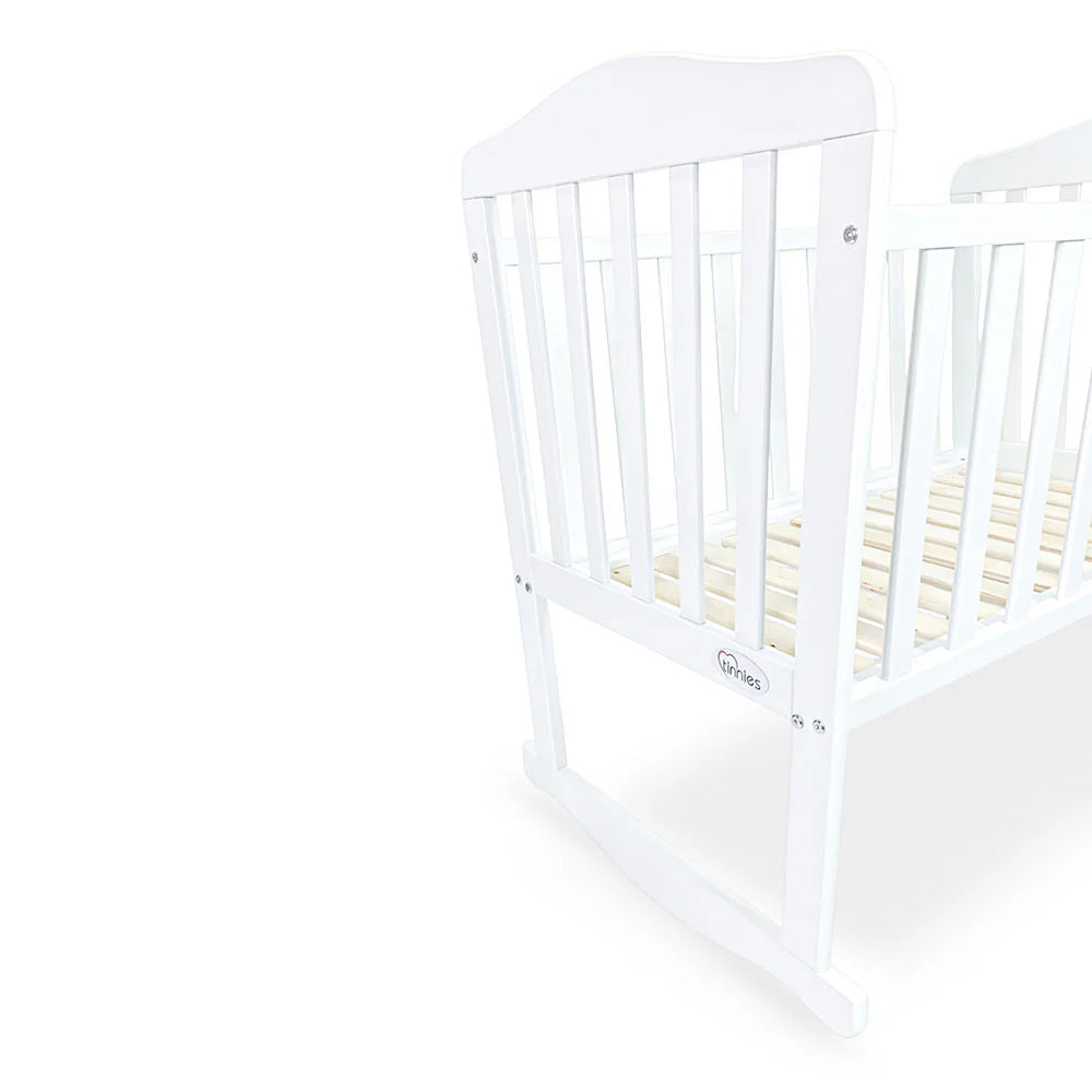 BABY WOODEN CRIB – WHITE FINISH WITH ROCKING & WHEELS