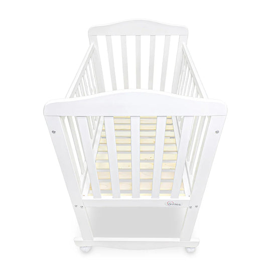 BABY WOODEN CRIB – WHITE FINISH WITH ROCKING & WHEELS