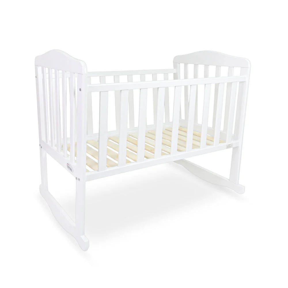 BABY WOODEN CRIB – WHITE FINISH WITH ROCKING & WHEELS
