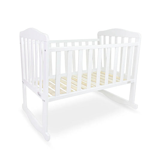 BABY WOODEN CRIB – WHITE FINISH WITH ROCKING & WHEELS