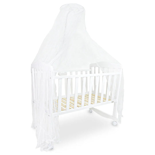 BABY WOODEN CRIB – WHITE FINISH WITH ROCKING & WHEELS