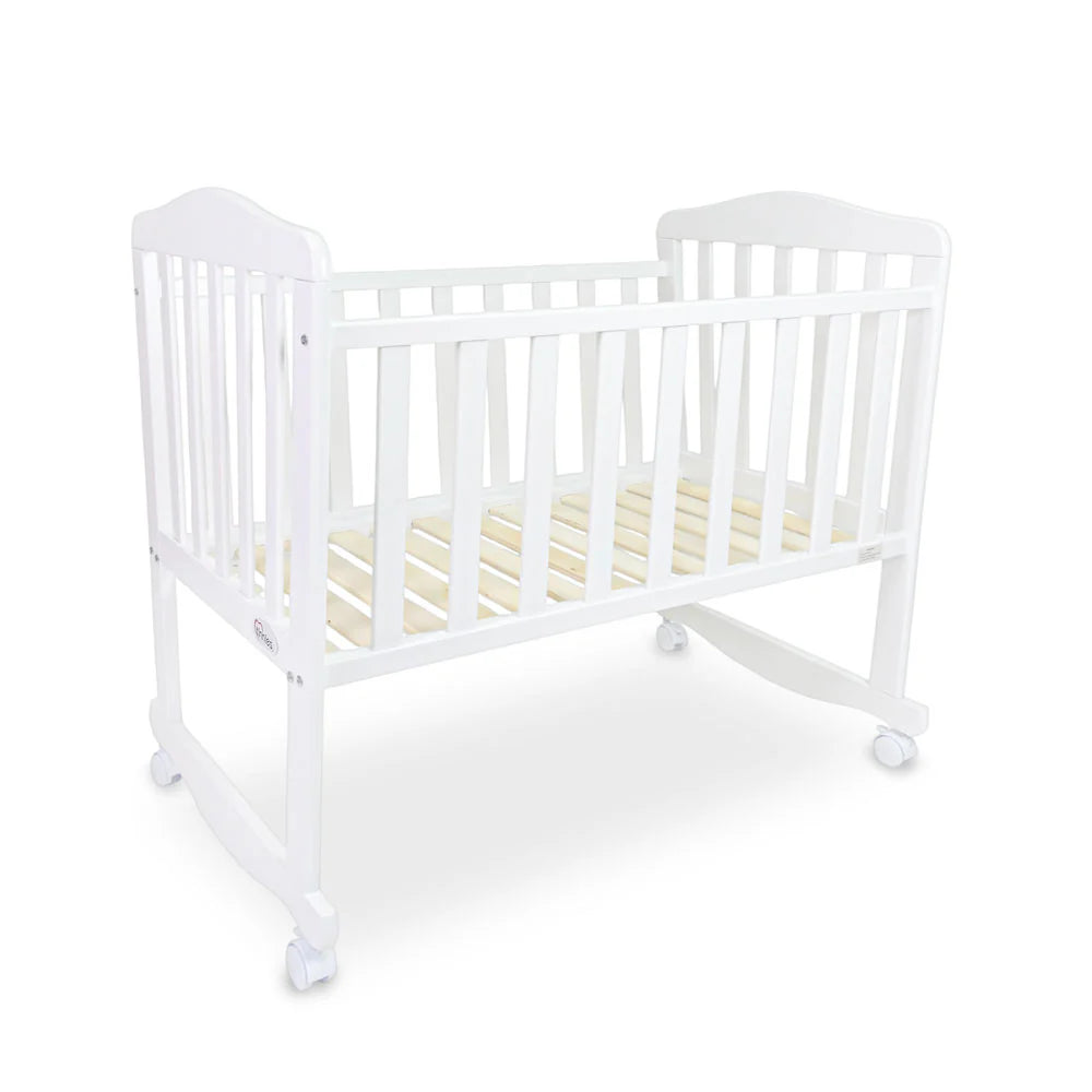 BABY WOODEN CRIB – WHITE FINISH WITH ROCKING & WHEELS
