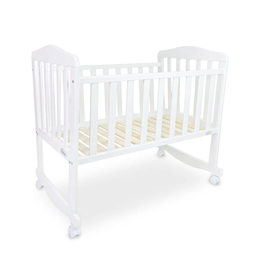 BABY WOODEN CRIB – WHITE FINISH WITH ROCKING & WHEELS