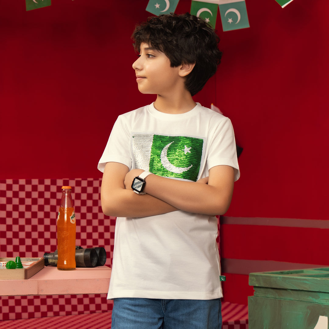 Boys White Sequins Flag T-Shirt – White