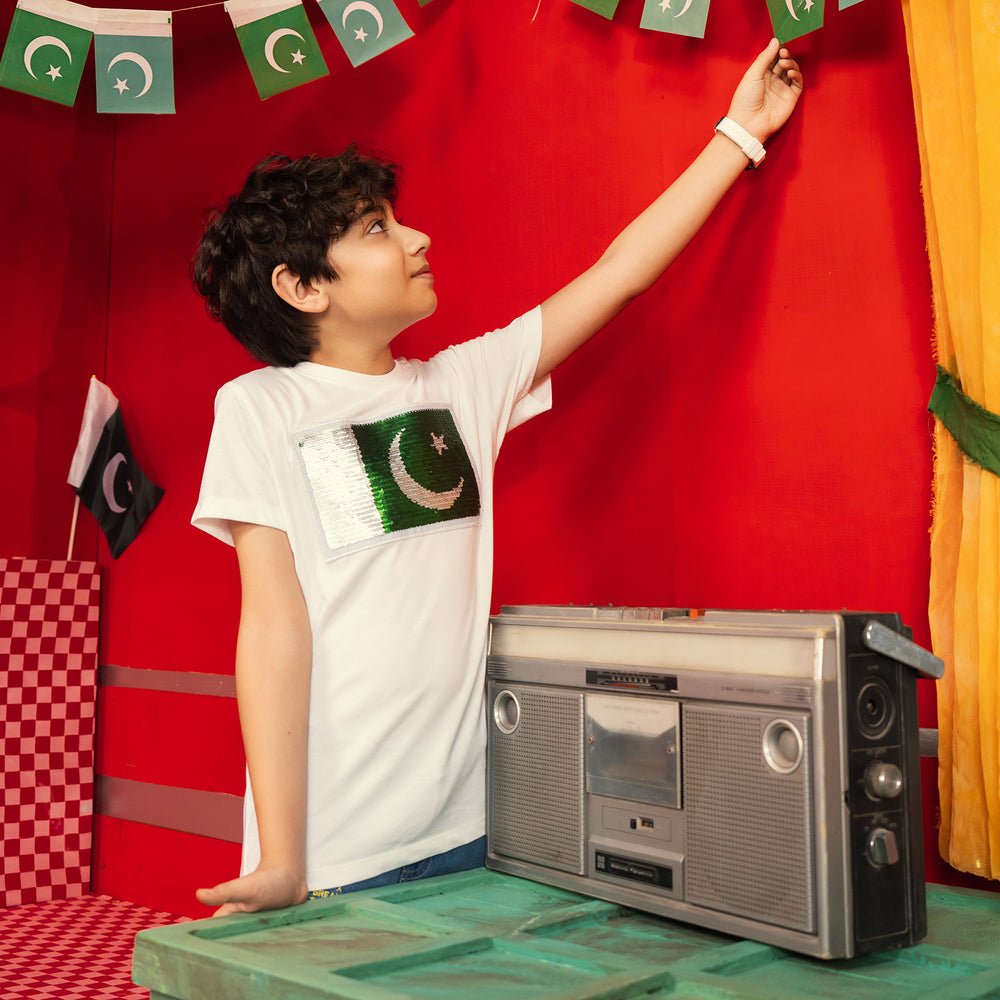 Boys White Sequins Flag T-Shirt – White