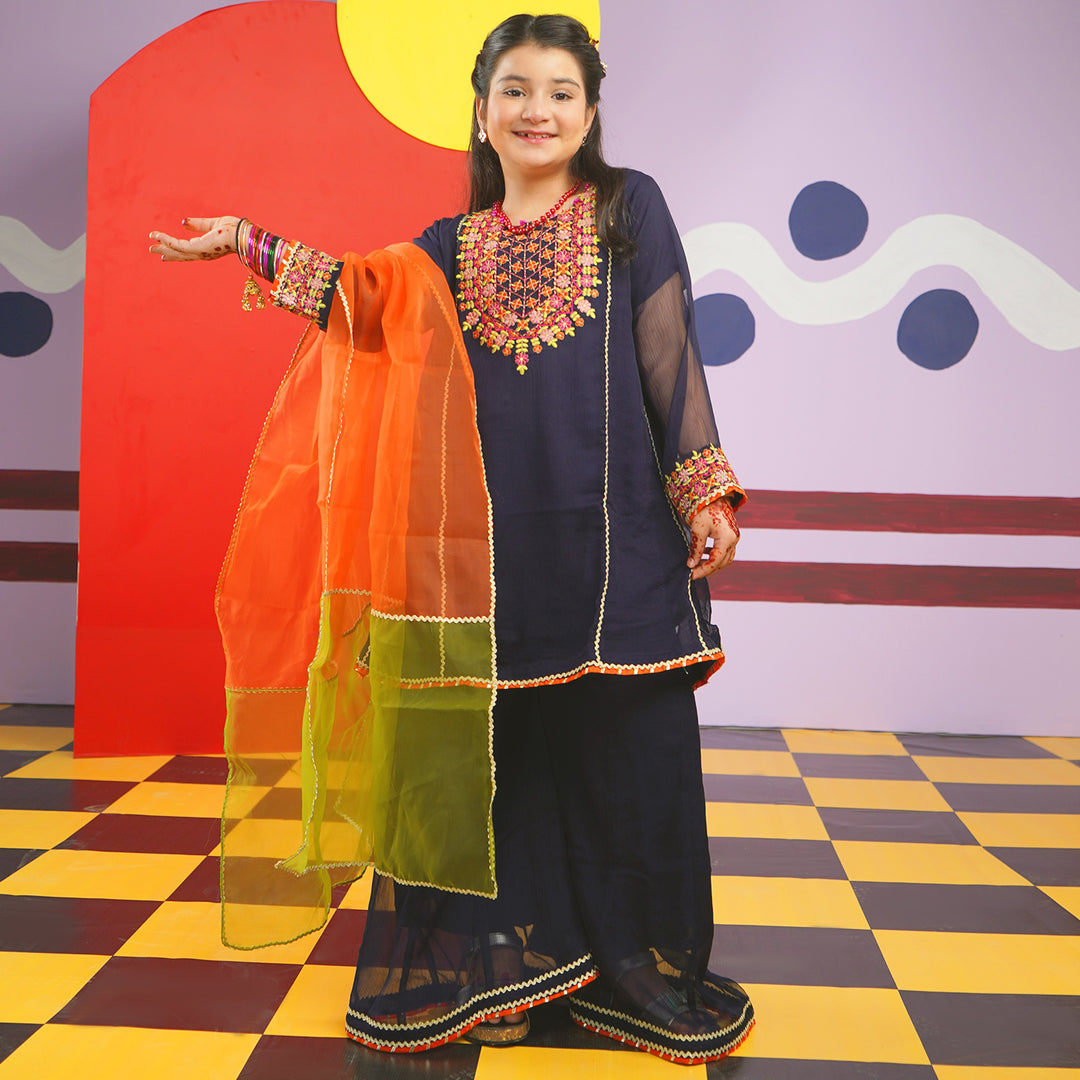 Girls Chiffon 3PC Suit Gul-e-Jahaan-Navy Blue