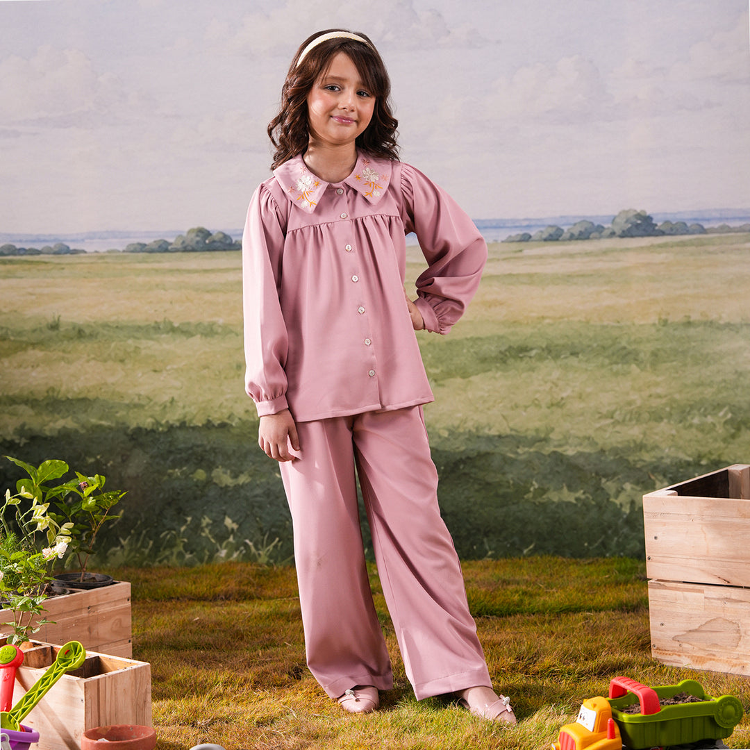 Girls Cotton Twill Embroidered Co-ord Set Blush - Light Pink
