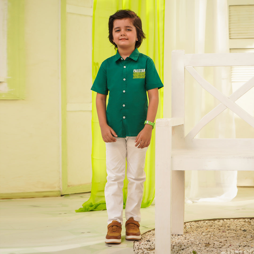 Boys Cotton Poplin Shirt (Pak Zinda Bad)-GREEN