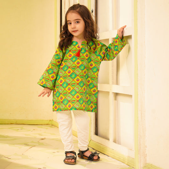 Girls Cotton Printed Kurti Kettle And Flowers Ind-Multi