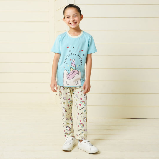 Girls Knitted Night Suit I Am - Sky Blue/Off White