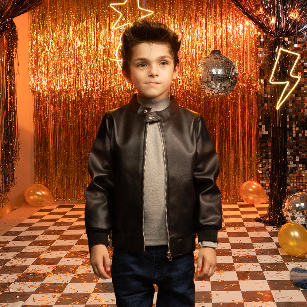 Boys PU Leather Jacket With Rib-BLACK