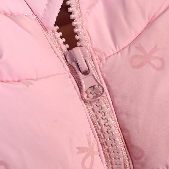 Girls Polyester Quilted Jacket Bow Repeat - PINK