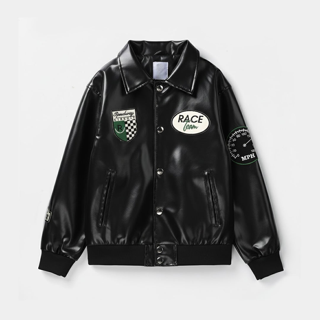 Boys Pu Leather Jacket Race Team - Black