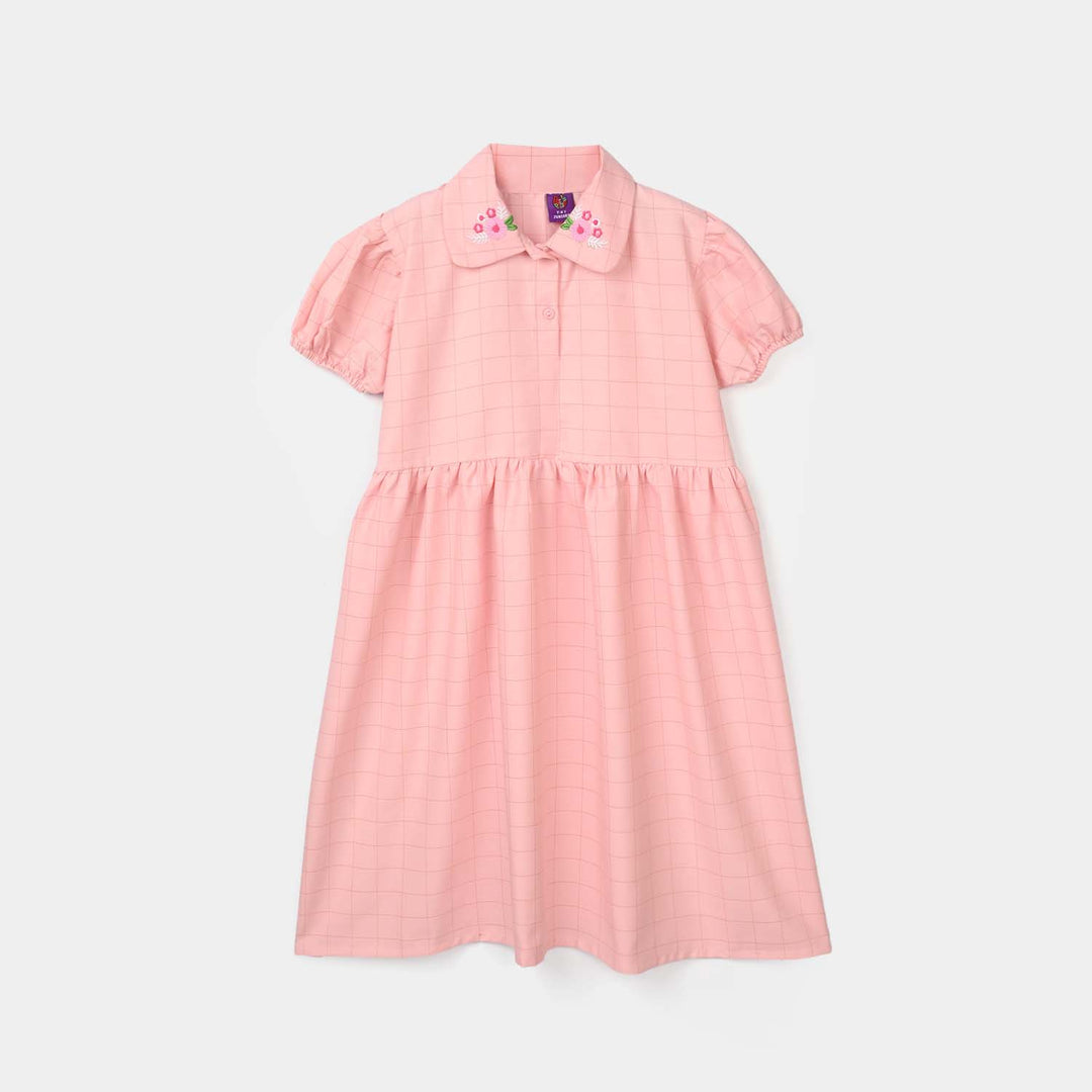 Girls Poly Twill Embroidered Frock – Pink