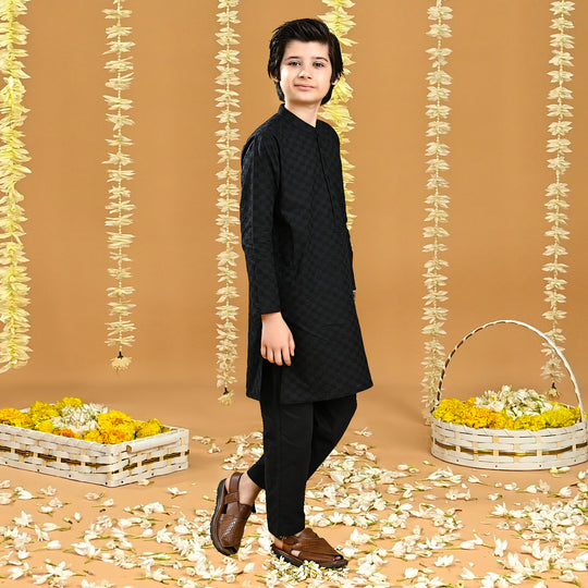 Boys Cotton Kurta Pajama (Chicken)-BLACK