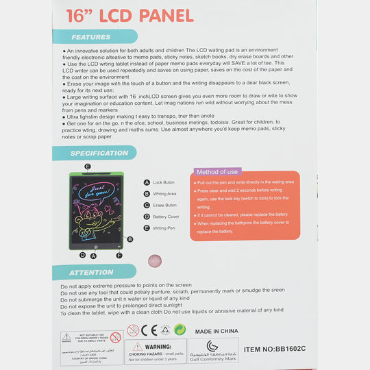 16" LCD Panel Colorful Writing Tablet