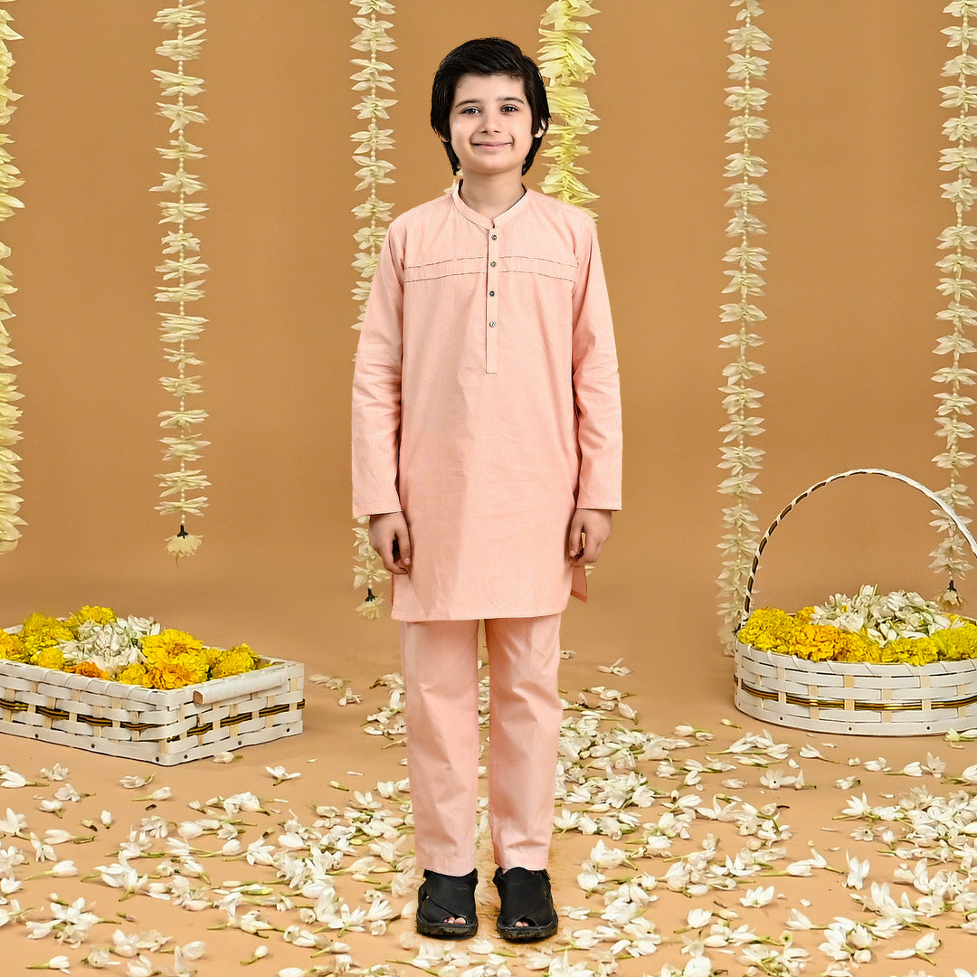 Boys Yarn Dyed Kurta Pajama (Front Pleat)-Peach