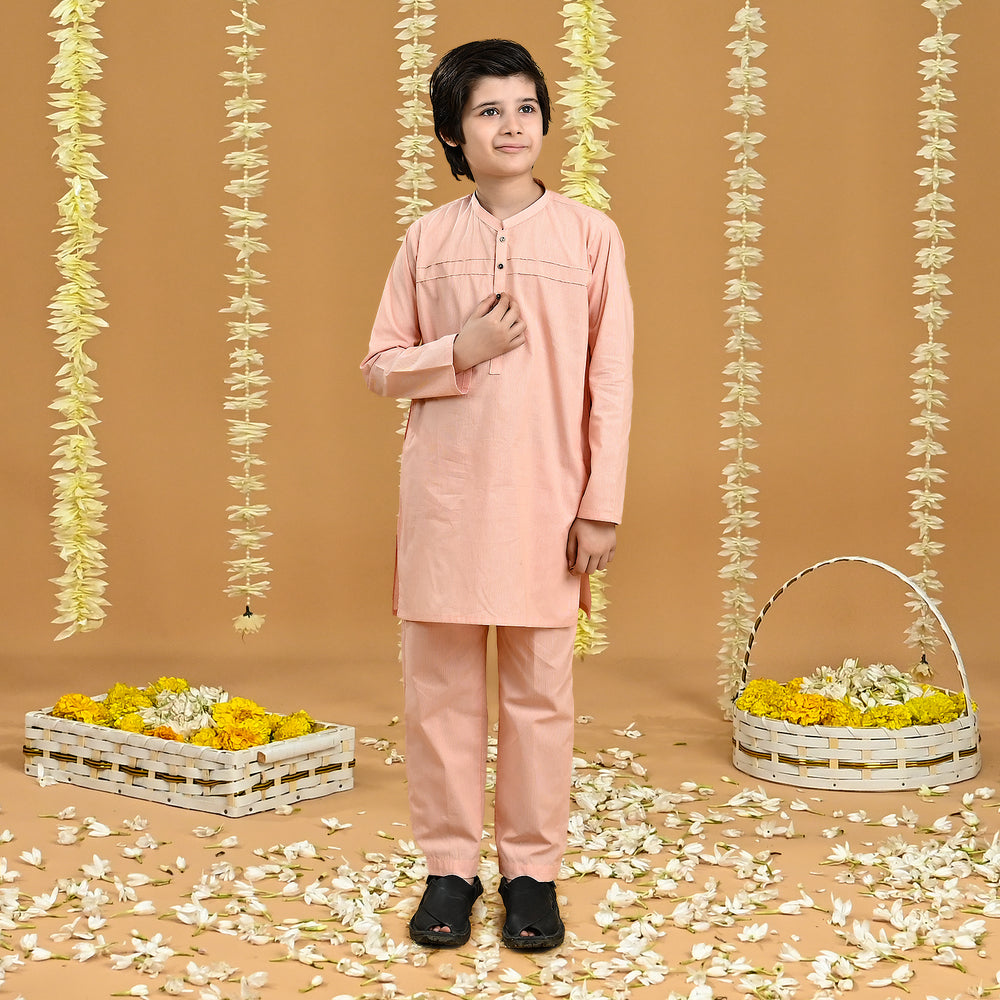 Boys Yarn Dyed Kurta Pajama (Front Pleat)-Peach