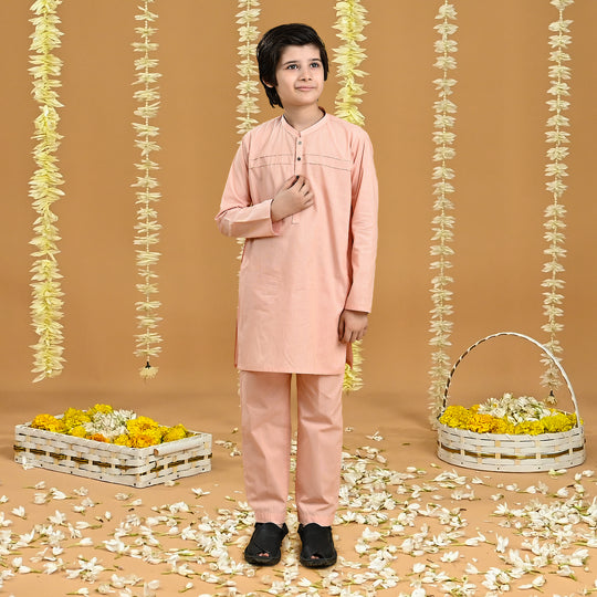 Boys Yarn Dyed Kurta Pajama (Front Pleat)-Peach