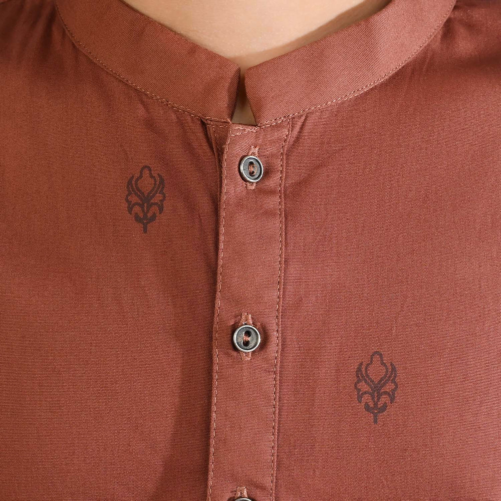 Boys Cotton Poplin Printed Kurta (Fudge Sickle)-BROWN