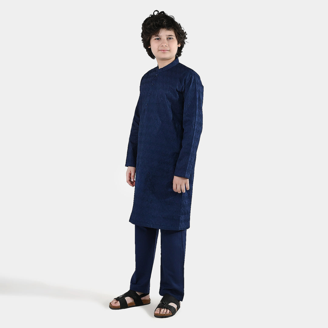 Boys Cotton Poplin Kurta Pajama (Chikankari) - Blue