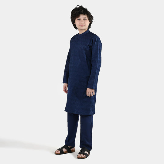 Boys Cotton Poplin Kurta Pajama (Chikankari) - Blue
