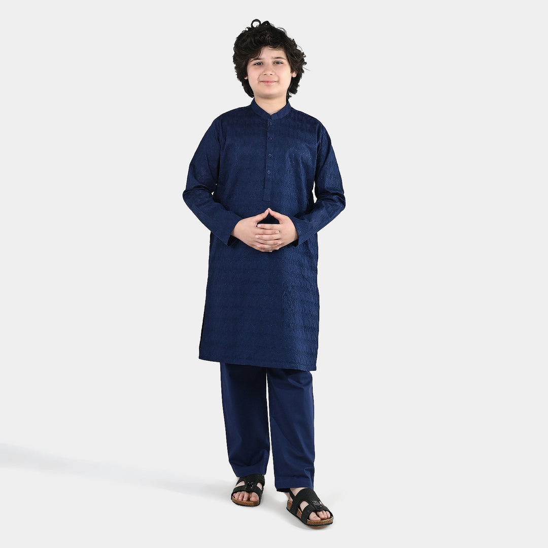 Boys Cotton Poplin Kurta Pajama (Chikankari) - Blue