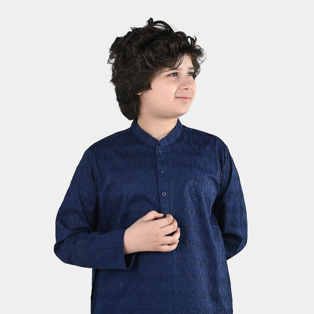 Boys Cotton Poplin Kurta Pajama (Chikankari) - Blue