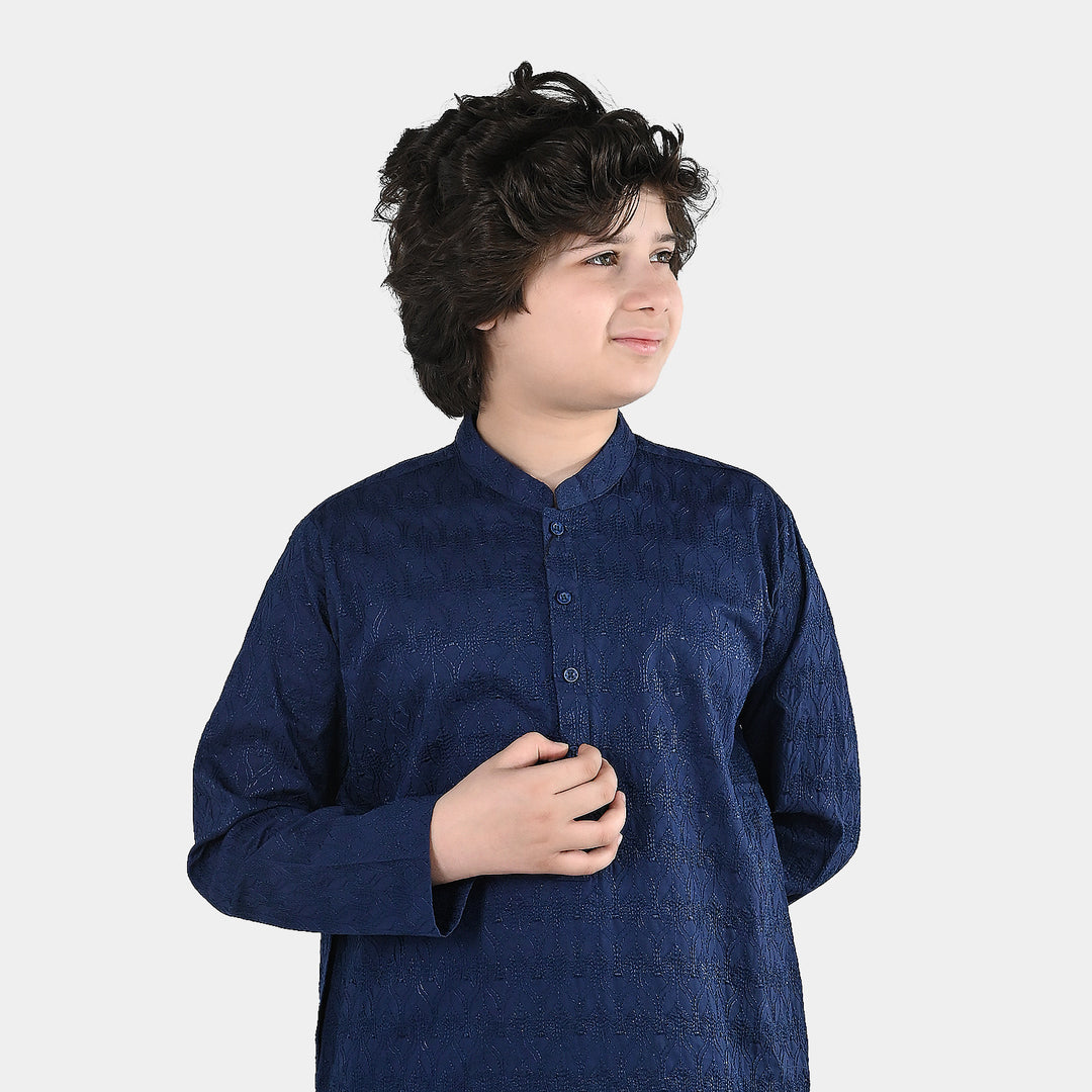 Boys Cotton Poplin Kurta Pajama (Chikankari) - Blue