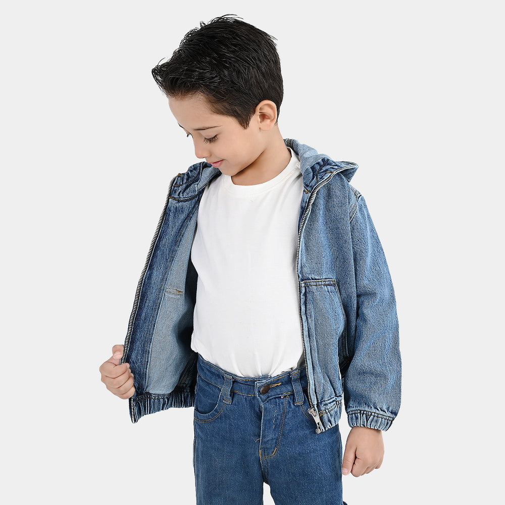 Boys Denim Rigid Jacket Adventure Awaits - Mid Blue