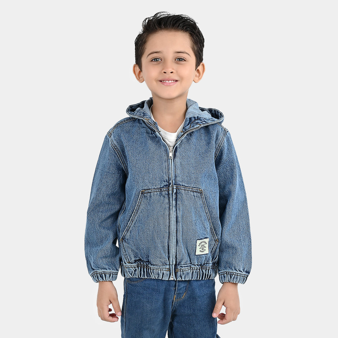 Boys Denim Rigid Jacket Adventure Awaits - Mid Blue